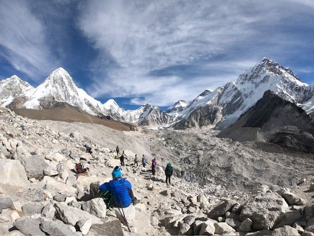 Trekkers crossing the Khumbu Glacier towards Everest