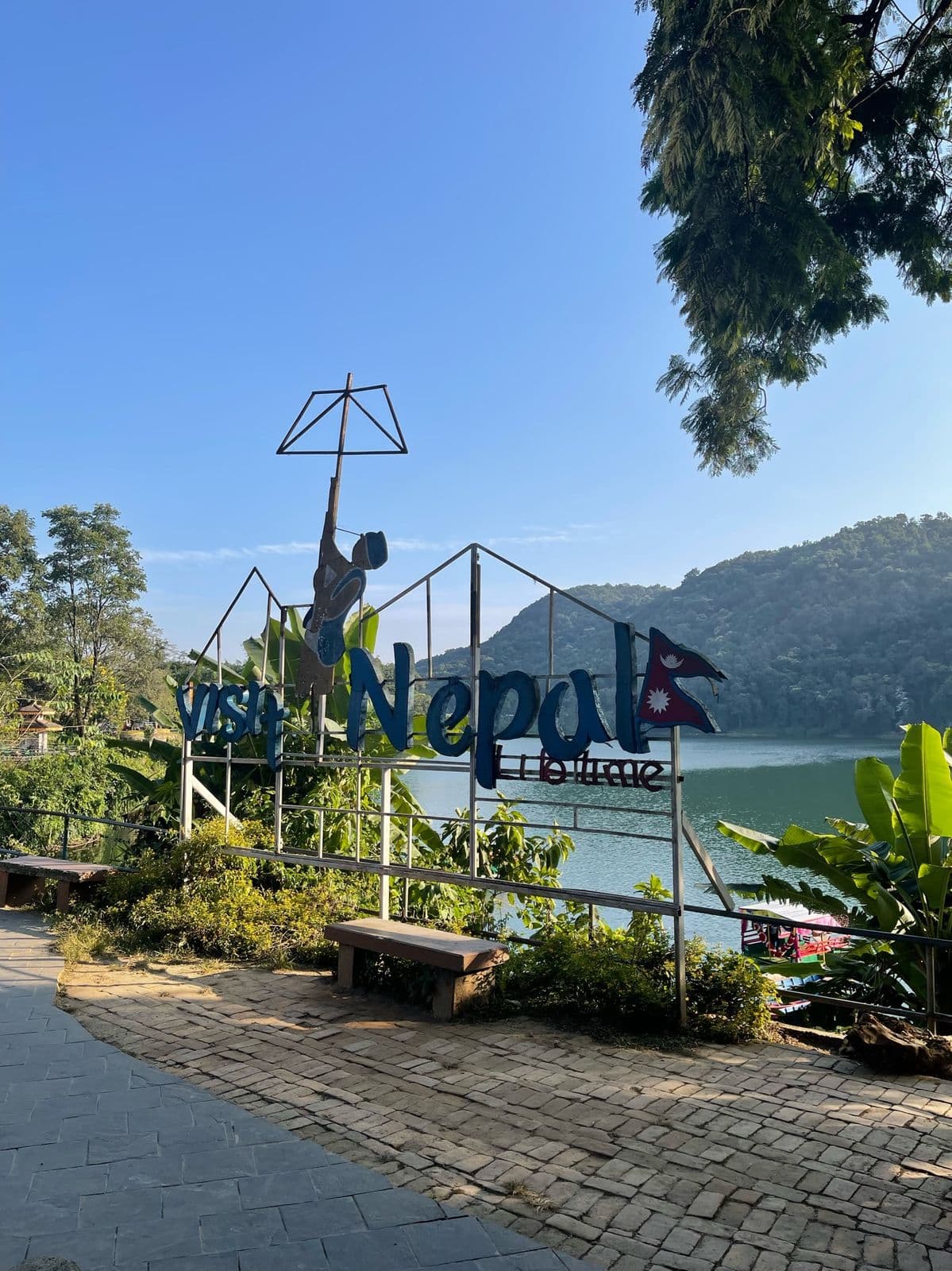 Nepal sign beside Phewa Lake, Pokhara