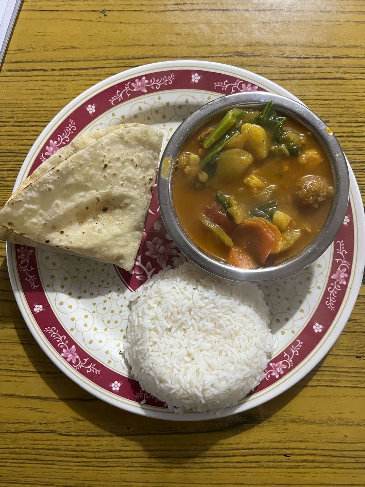 Dal bhat — rice, lentils and curry — served on trek