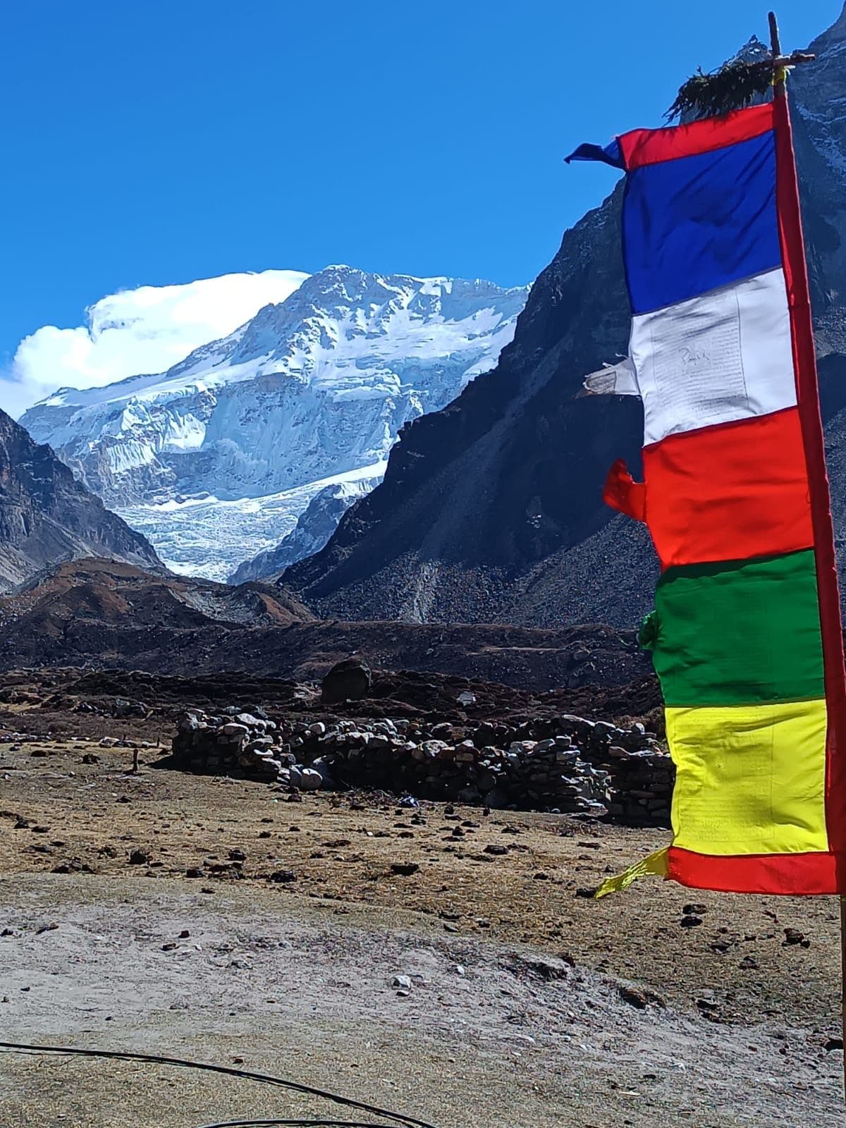 Prayer flag pole in front of snowy mountains