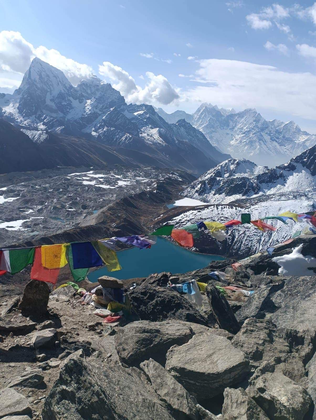 Prayer flags above Gokyo with Cho Oyu beyond